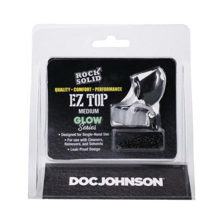 Rock Solid EZ Top Medium glow-in-the-dark cap in clear packaging with black and yellow label by Doc Johnson