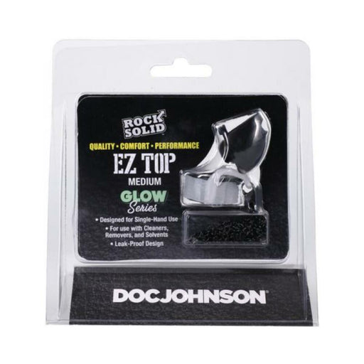 Rock Solid EZ Top Medium glow-in-the-dark cap in clear packaging with black and yellow label by Doc Johnson