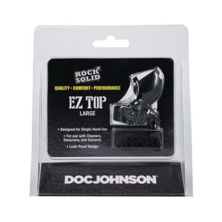 Rock Solid EZ Top Large black leak-proof cap for single-hand use, packaged with Doc Johnson branding.
