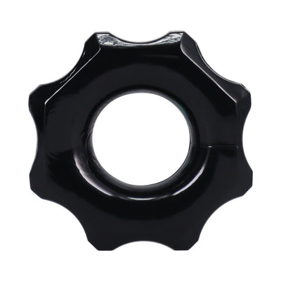 Black flexible stretchy ring with ridged gear-like edges and a smooth circular center.