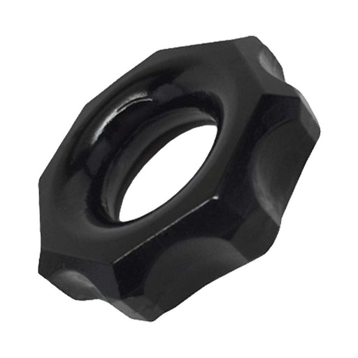 Black flexible stretchy ring with ridged, gear-like edges and a smooth inner band.