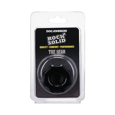 Black ridged stretchy ring in clear clamshell packaging with Rock Solid Gear branding and product details.