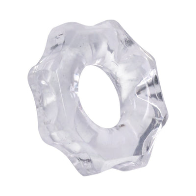 Clear flexible ring with ridged, gear-like edges for a comfortable, stretchy fit.
