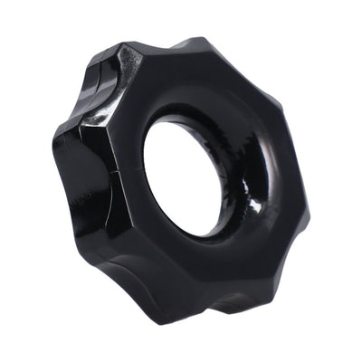 Black stretchy ring with ridged gear-like design and smooth finish shown on white background.