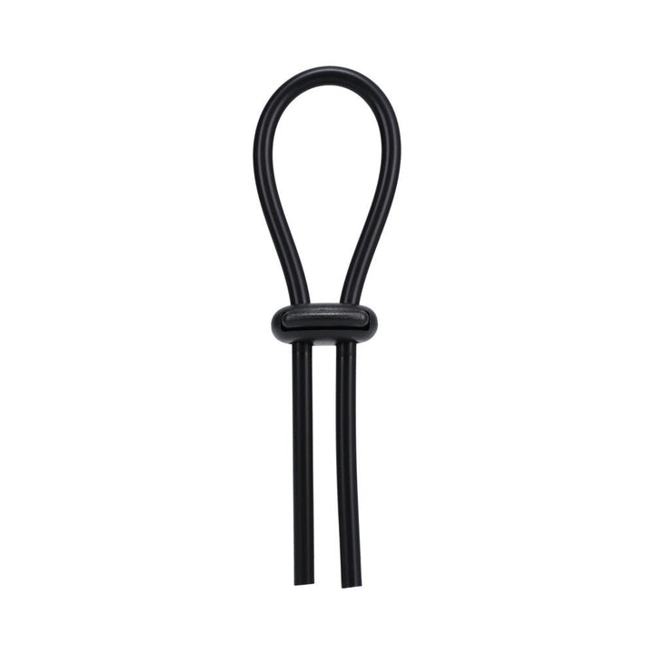 Black adjustable lasso-style cock ring with double sliding semi-locking ball for precise fit and control.
