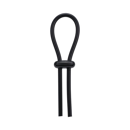 Black adjustable lasso-style cock ring with double sliding semi-locking ball for precise fit and control.