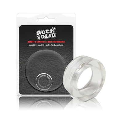 Clear flexible cock ring with packaging labeled Rock Solid for durability and comfort.