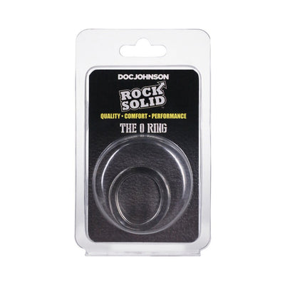 Clear flexible cock ring in black and yellow Doc Johnson Rock Solid packaging with quality and performance branding.