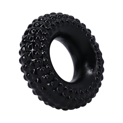 Black textured stretchy ring with raised ridges and a smooth inner surface, designed for comfort and flexibility.