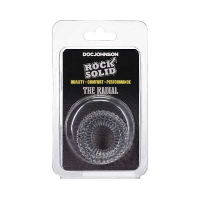 Clear textured stretchy ring in transparent clamshell packaging with black and yellow Doc Johnson branding.