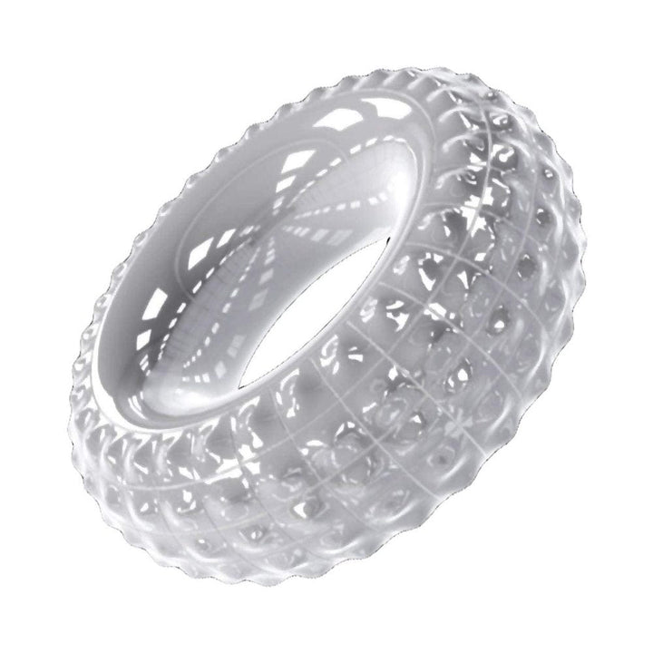 Clear textured stretchy ring with raised ridges and a flexible design for comfort and style.