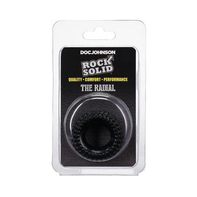 Black textured stretchy ring in clear clamshell packaging with Rock Solid branding and product details.