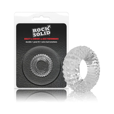Clear textured stretchy ring with ridges displayed next to black clamshell packaging labeled Rock Solid.