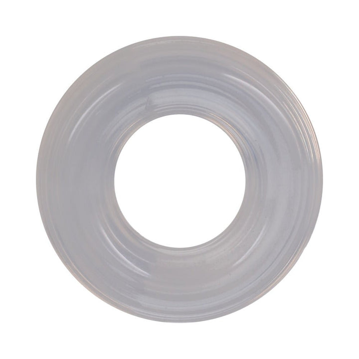 Clear ribbed silicone stretch ring with a smooth, flexible donut shape for comfortable wear and enhanced performance.