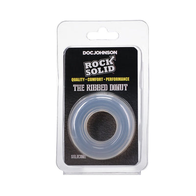 Clear silicone ribbed cock ring in black and yellow branded packaging by Doc Johnson.