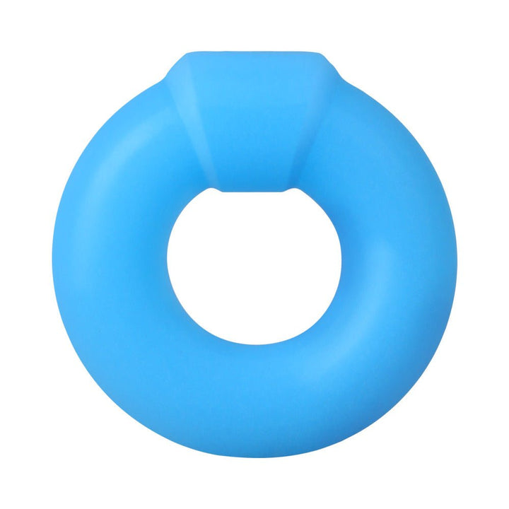 Blue silicone ring with a raised section, designed for comfort and glow-in-the-dark use.