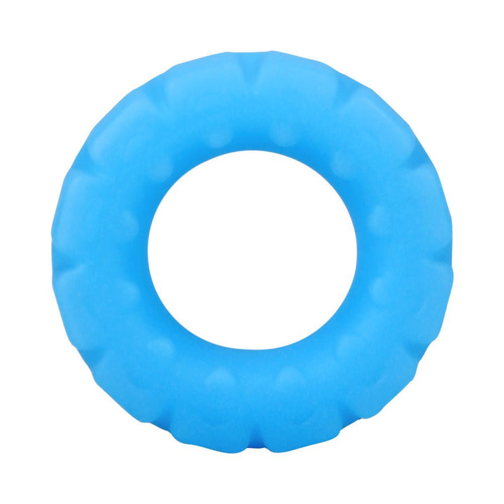 Blue glow-in-the-dark textured silicone ring with rugged tread design and wide flat sides for comfort and grip.