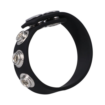 Black adjustable silicone ring with five metal snap closures for a customizable fit.