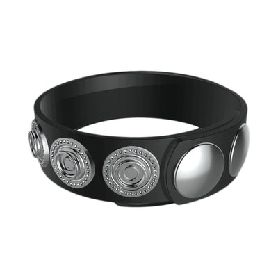 Black adjustable Silaflex ring with five silver snap closures for a customizable fit.