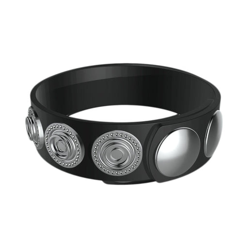 Black adjustable Silaflex ring with five silver snap closures for a customizable fit.