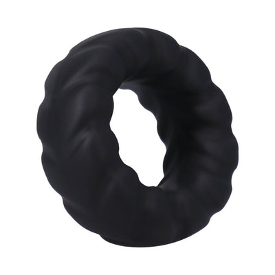 Black textured stretchable silicone cock ring with a rugged tread design for comfort and secure fit.
