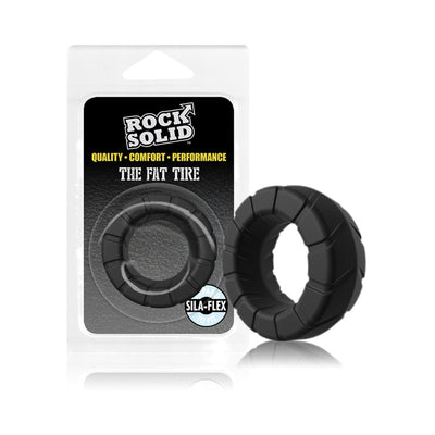 Black Rock Solid Silaflex Fat Tire cock ring with textured tread and flexible design shown with packaging.