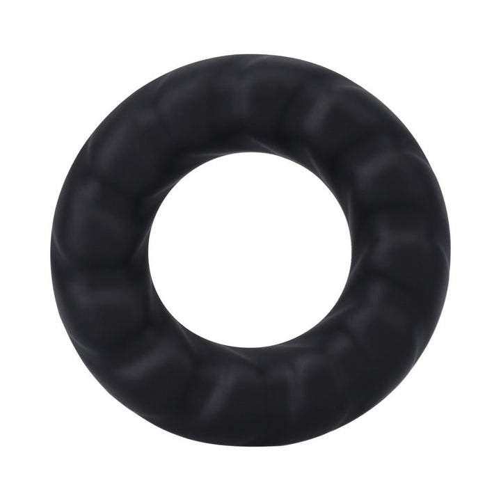Black textured silicone ring with a wide, flat design for comfort and secure fit.