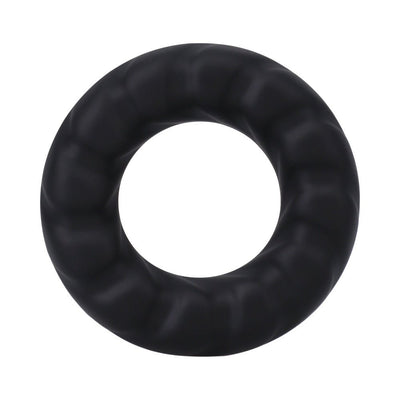 Black textured silicone ring with a wide, flat design for comfort and secure fit.