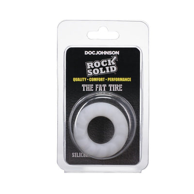 Rock Solid Silaflex Fat Tire cock ring in white silicone displayed in clear retail packaging.