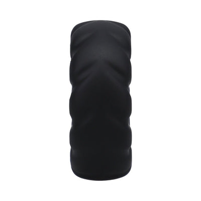 Black textured Rock Solid Silaflex Fat Tire cock ring with wide, flat sides and rugged tread design.