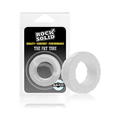 Rock Solid Silaflex Fat Tire cock ring in translucent white with textured design, shown with packaging.