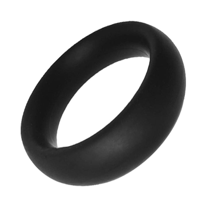 Small black silicone ring with smooth rounded design, measuring 1.75 inches in diameter.