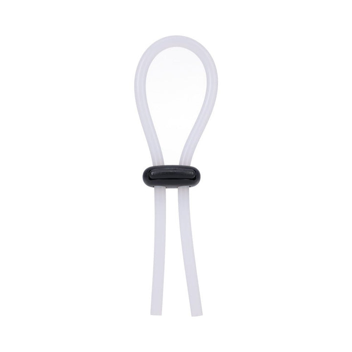 Translucent adjustable silicone loop with black double lock slider for customizable fit.