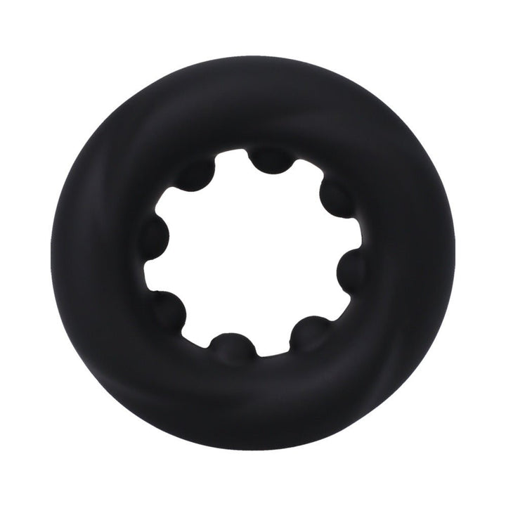 Black silicone cock ring with textured inner nubs for enhanced stimulation and comfortable fit.