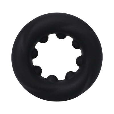 Black silicone cock ring with textured inner nubs for enhanced stimulation and comfortable fit.