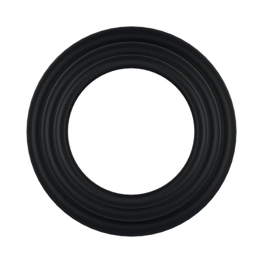 Three black rubber gaskets in varying sizes arranged concentrically on a white background.