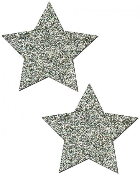 Pair of silver glitter star-shaped adhesive pasties on a white background.