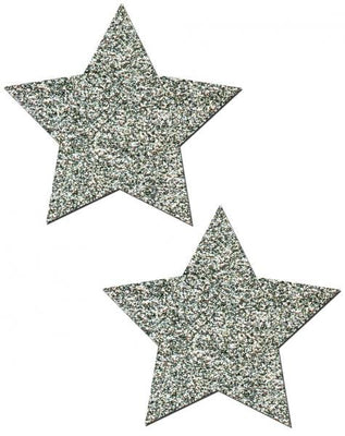 Pair of silver glitter star-shaped adhesive pasties on a white background.