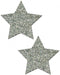 Pair of silver glitter star-shaped adhesive pasties on a white background.