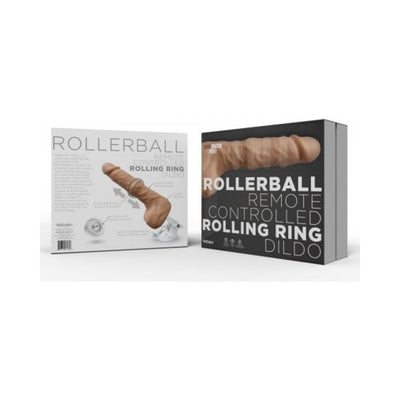 Packaging of Rollerball Dildo with remote-controlled rolling ring and suction cup base, showing product features and branding.