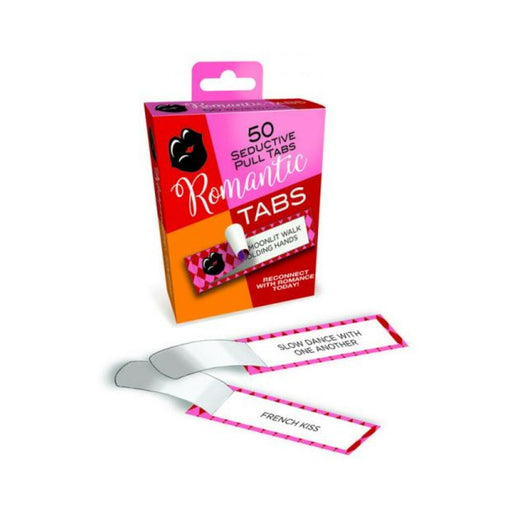 Box of Romantic Tabs game with 50 seductive pull tabs and two example tabs reading slow dance with one another and French kiss.