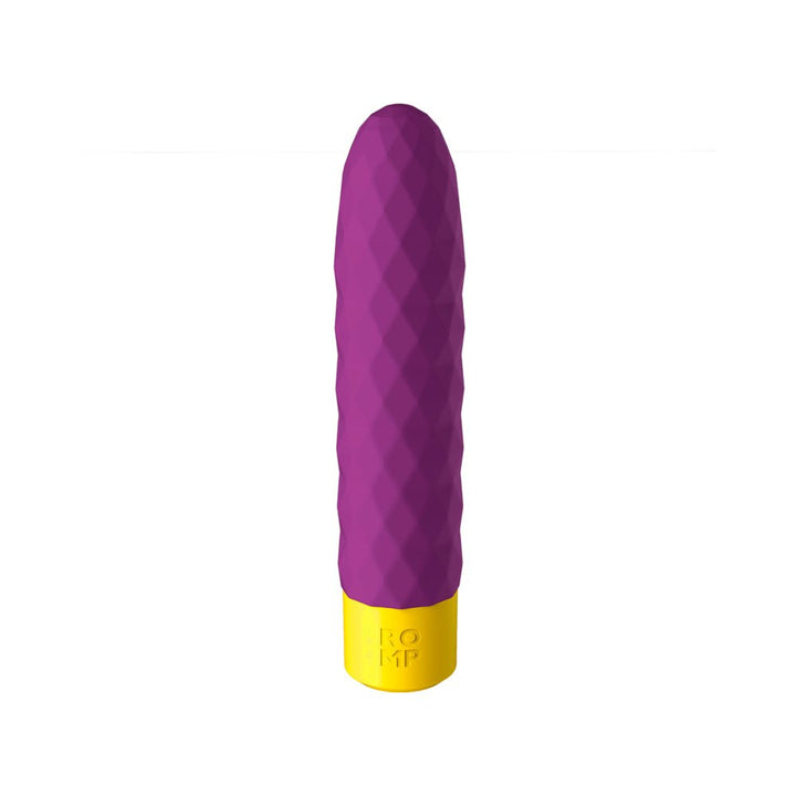 Purple slimline bullet vibrator with diamond-quilted texture and yellow base control button.