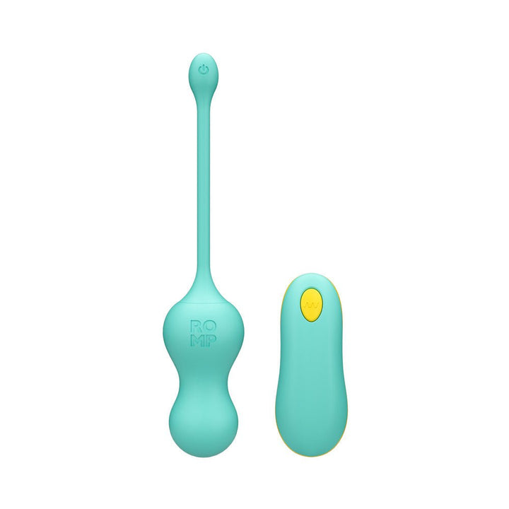 Light teal ROMP Cello silicone G-spot vibrator with remote control featuring yellow button on white background.