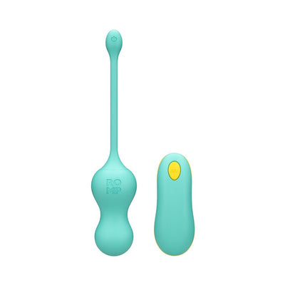 Light teal ROMP Cello silicone G-spot vibrator with remote control featuring yellow button on white background.