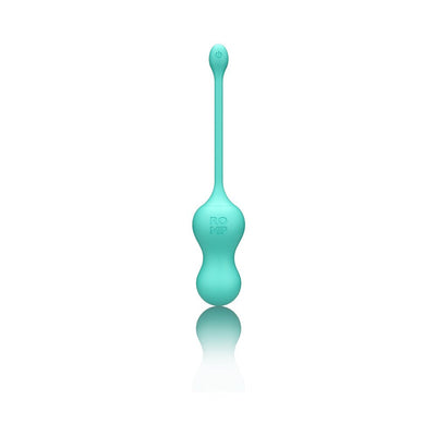 Light teal ROMP Cello rechargeable silicone G-spot vibrator with a slender handle and rounded tip, shown on white background.
