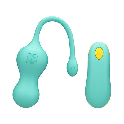 Light teal ROMP Cello silicone G-spot vibrator with flexible tail and matching remote control with yellow button