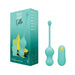 Light teal ROMP Cello rechargeable silicone G-spot vibrator with wireless remote and packaging box.