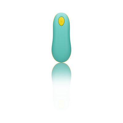 Light teal silicone remote control for ROMP Cello G-spot vibrator with yellow button and smooth ergonomic design.