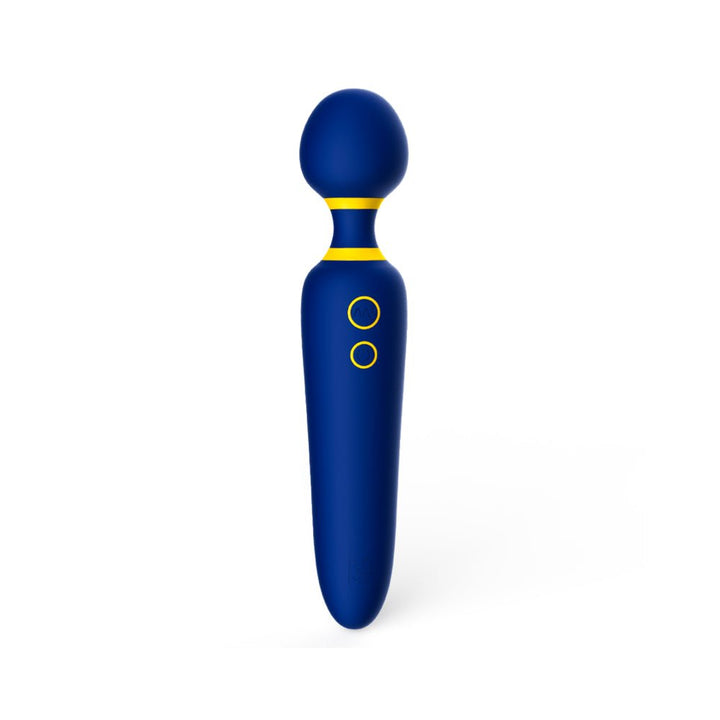 Blue ROMP Flip silicone wand vibrator with yellow trim and two-button control on handle, standing upright on white background.