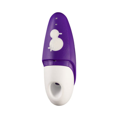 Compact purple and white clitoral air suction vibrator with two-button control and silicone suction head.